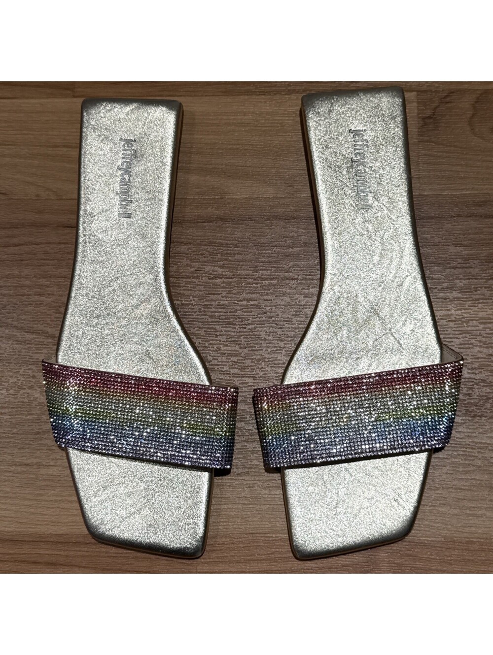 Jeffrey Campbell Rainbow Rhinestone Slide Sandals Gold Metallic Square Toe 10